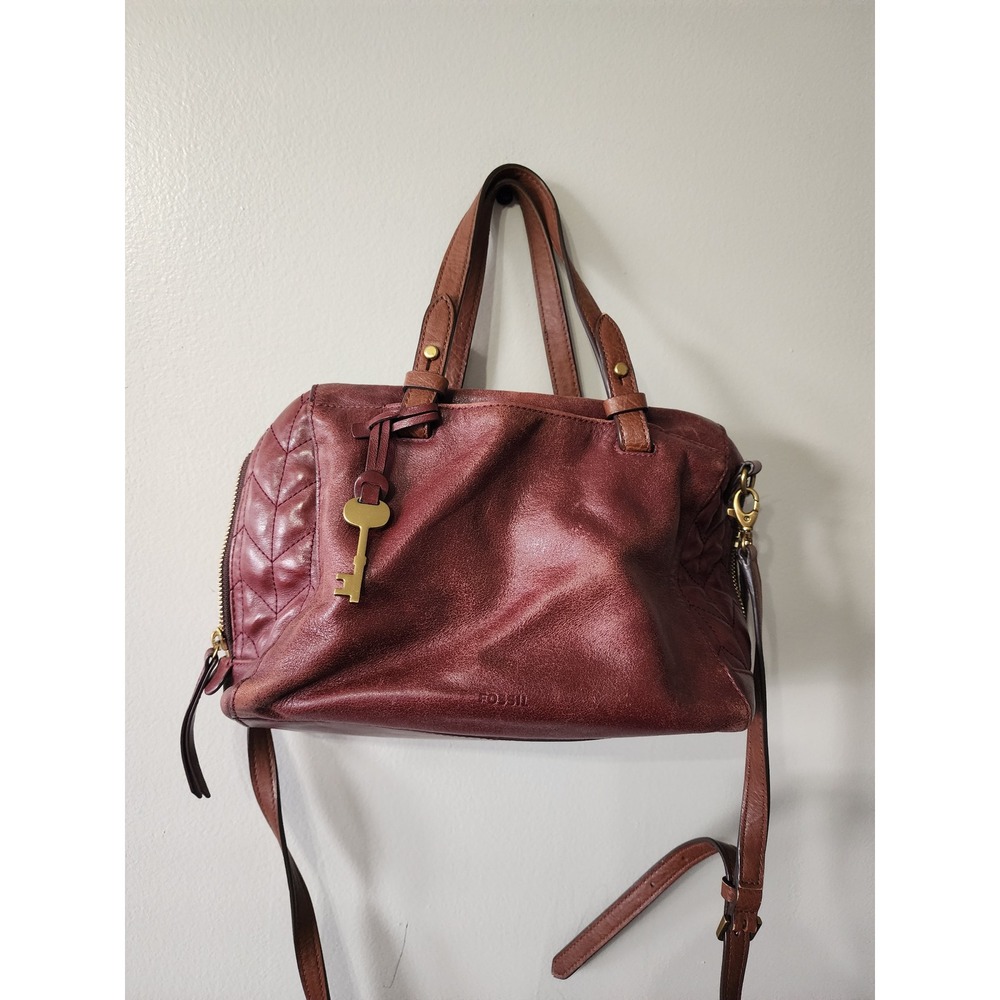 Fossil Burgundy Quilted Leather Satchel Crossbody Bag with Key Charm
